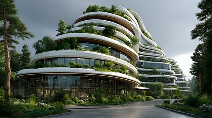 Futuristic eco-friendly office tower surrounded by lush greenery with spacious clear blue sky above, symbolizing sustainable business, green architecture, innovation and corporate growth