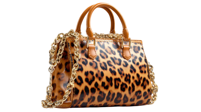 Leopard Print Handbag: Exuding timeless allure, the elegant handbag, draped in a chic leopard print, takes center stage. This glamorous accessory boasts gold chain detailing and leather handles.  