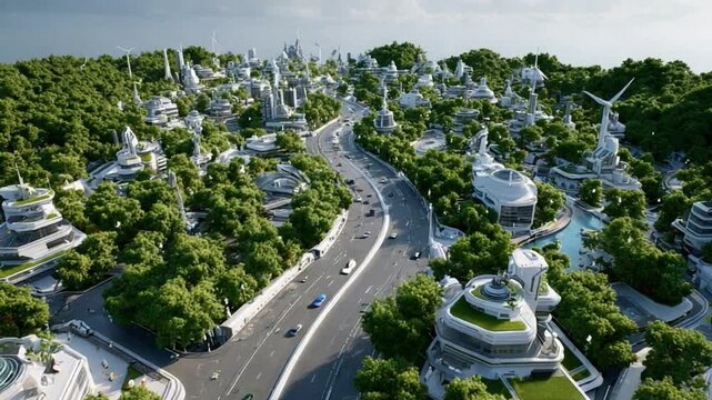 Futuristic City on a Hill: An idealized futuristic cityscape blends seamlessly with nature. Its design presents an innovative vision.