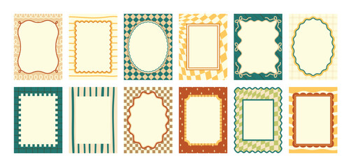 Collection of colorful wavy-edged frames with geometric patterns, perfect for invitations, banners, or creative layouts. Trendy retro and abstract border designs, vector illustration