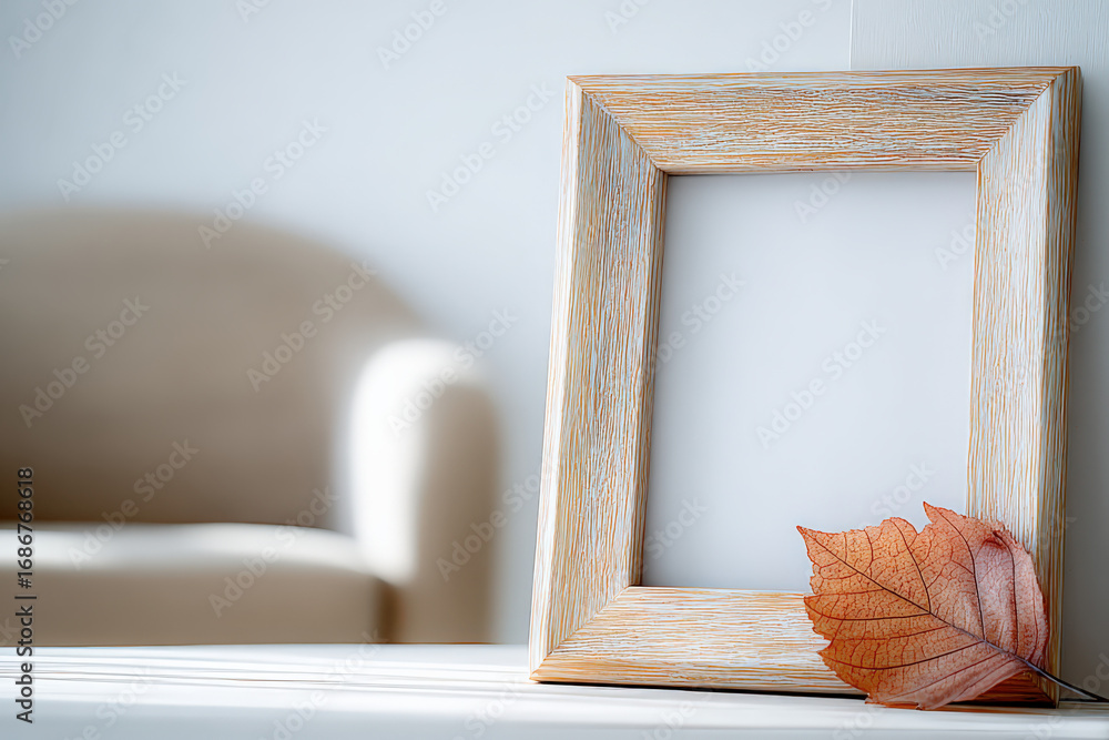 Poster a wooden photo frame stands empty beside a soft beige couch with a dried autumn leaf resting on its 