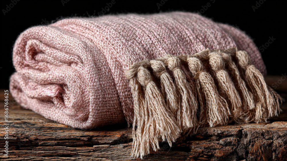 Poster a cozy pink blanket with soft fringes is elegantly rolled up on a rustic wooden surface, creating a 