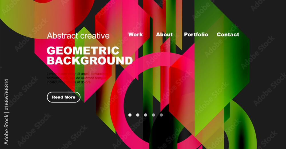 Poster abstract design features vibrant overlapping shapes, text elements, navigation menu. modern aestheti