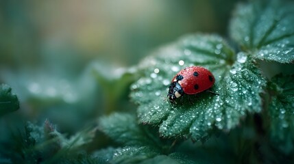 A vibrant red ladybug with black spots rests on a wet green leaf covered in morning dew with a soft bokeh background