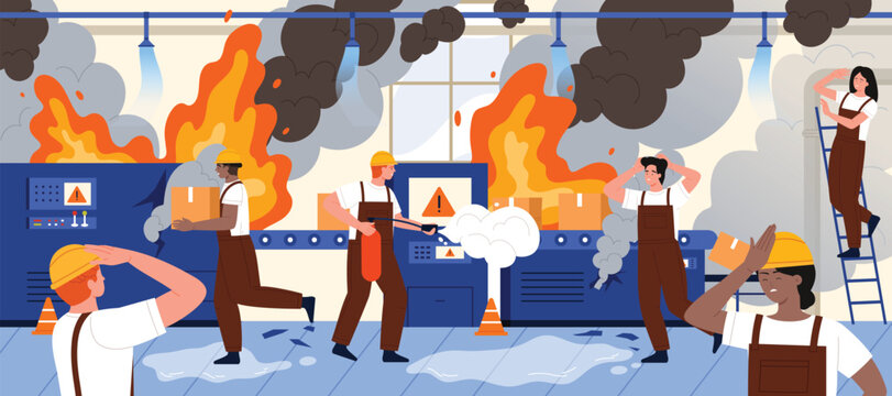 Accident in factory building interior with burning conveyor machine, firefighting unsafe process by workers. People in panic on broken manufacturing line, destruction with danger of explosion