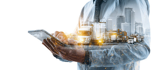 A person using a tablet, with a superimposed image of trucks and city buildings