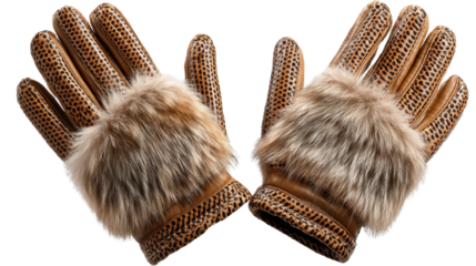  Luxurious Furry Gloves: A pair of exquisite brown leather gloves adorned with plush fur cuffs, offering a touch of elegance and warmth. They embody comfort, style and sophistication.