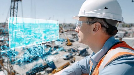 Construction Visionary: A construction worker, equipped with a safety helmet, confidently observes a digital overlay in a groundbreaking display of technological integration. - Powered by Adobe