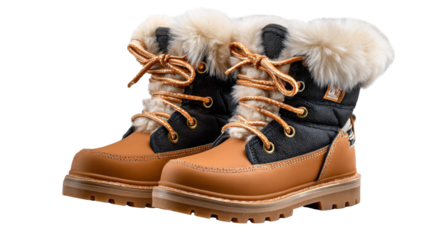 Warm Winter Footwear: A close-up shot captures a pair of fashionable winter boots, boasting luxurious fur trim, durable laces, and a robust sole.