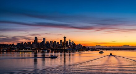 Fototapeta premium Seattle sunrise cityscape with boats.