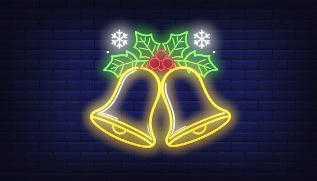 Glowing neon sign of two yellow Christmas bells festive holiday decoration shining seasonal symbol bright winter celebration artwork cheerful background illustration design