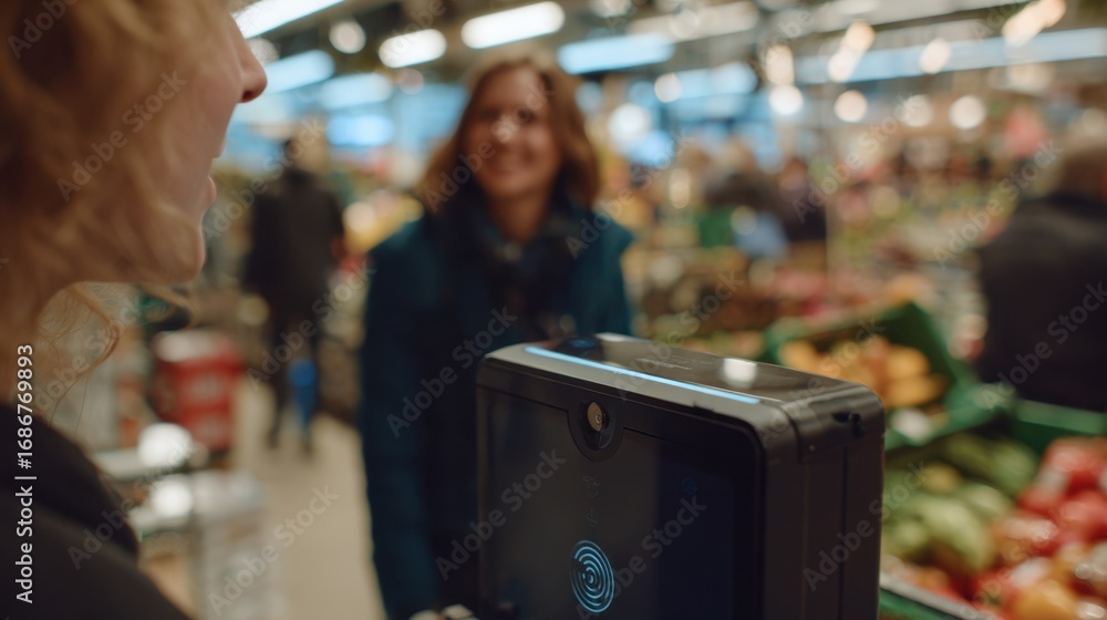 Poster medium shot of a customer using a voiceactivated automated checkout terminal the microphone icon ill