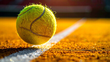 Vibrant yellow ball in action on the white line of an orange clay court during a competitive sport padel tennis game