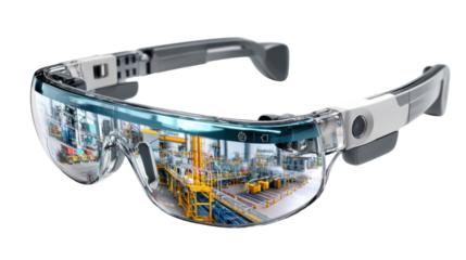 Industry's Augmented Vision: Cutting-edge augmented reality glasses, offering a transparent view of industry, showcasing technological advancement. 