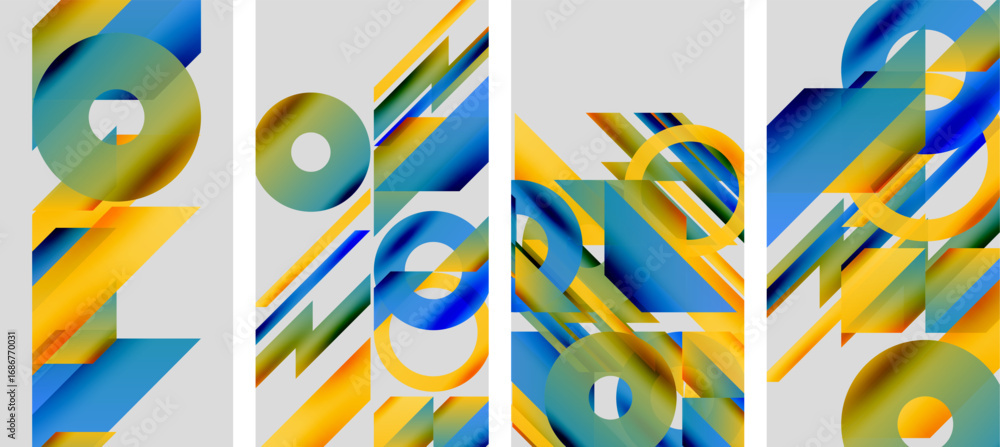 Poster Abstract artwork. Four panels display vibrant blue, yellow shapes. Geometric forms overlap creating dynamic composition. Modern design.