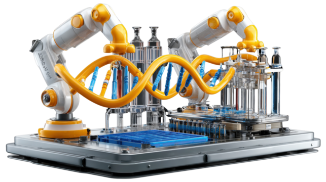 Decoding the Helix: The vibrant image captures a futuristic concept of scientific study, with mechanical arms manipulating double helix strands, indicating advanced genetic study.