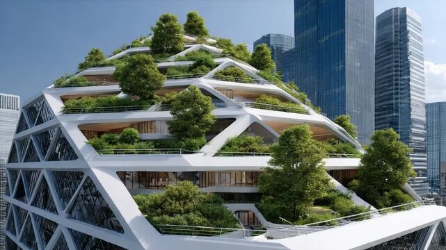 Urban Oasis: The architecture boasts a modern, eco-conscious design, showcasing a green-roofed building, in a metropolitan landscape. The structure's innovative.