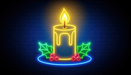 Glowing neon illustration of yellow candle with yellow flame and green holly leaves festive christmas decoration shining seasonal holiday symbol artwork background
