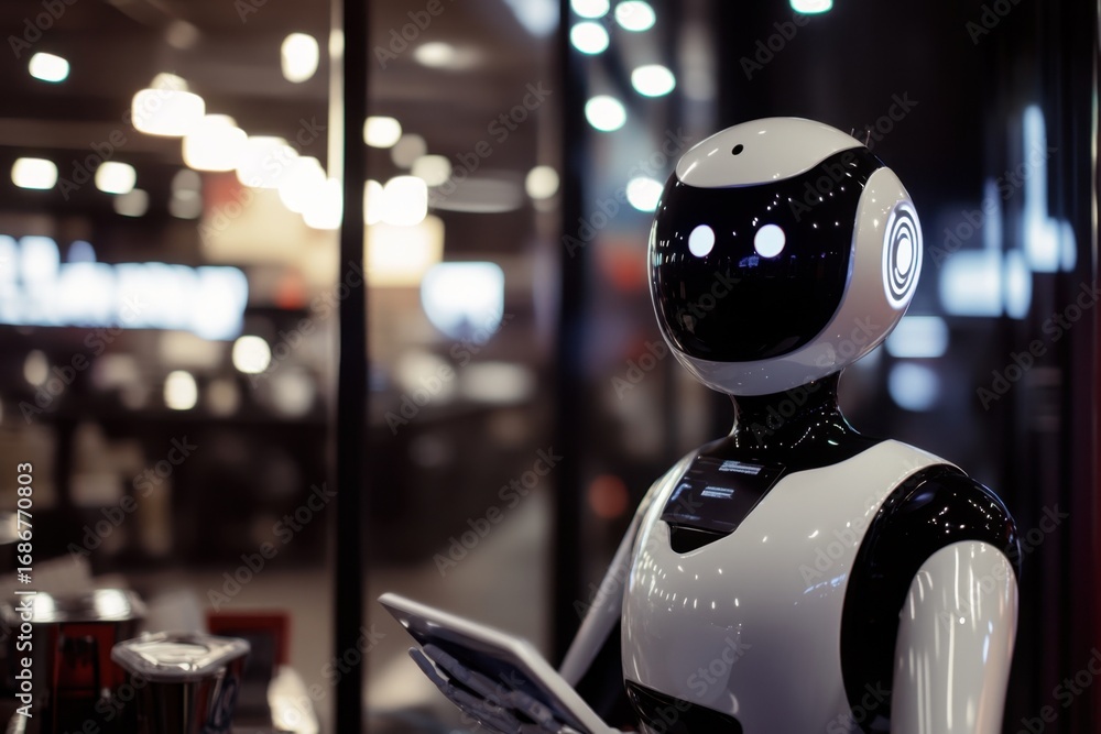 Poster robot assistant interacts with customers in a modern retail environment
