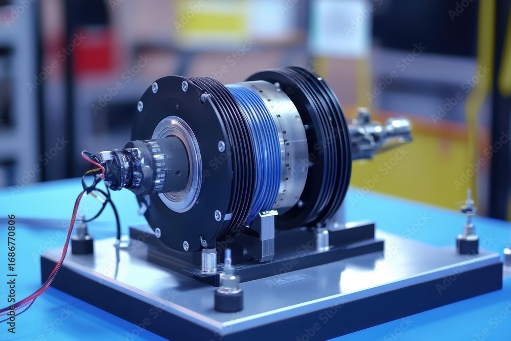 Poster electric motor prototype displayed on a workstation in a modern engineering lab