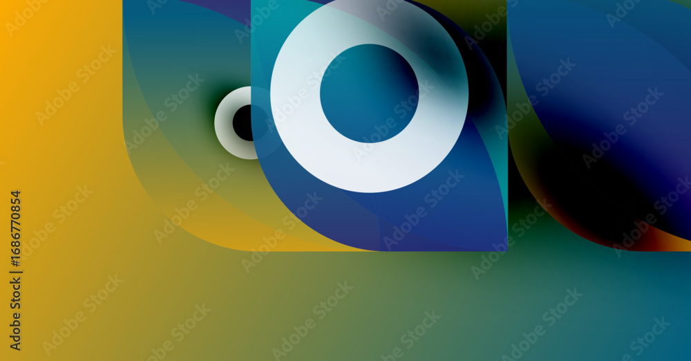 Poster abstract design features overlapping colorful shapes, circles, gradients. modern aesthetic, vibrant 