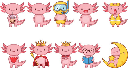 Cute cartoon axolotl character collection, adorable pink amphibian mascot illustration with crown, snorkel, heart, book, bubble tea, moon star