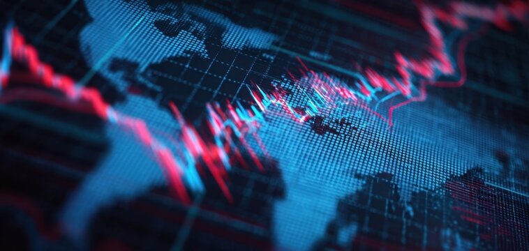 The Digital World Map with Trending Stock Market Data Visualization