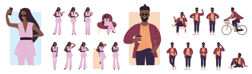 Cartoon stylish dark skin male female in fashionable clothes, sunglasses posing, lady walking, hipster riding bicycle with flowers in basket. Fashion people lifestyle poses set vector illustration
