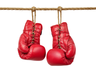 A pair of vibrant red boxing gloves are suspended from a coarse rope isolated on a transparent background