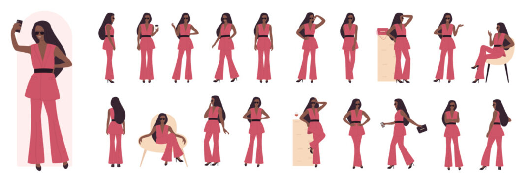 Cartoon young dark skin woman fashionista character wearing fashionable clothes, posing standing in various positions front side, back view isolated on white. Fashion girl model poses illustration set