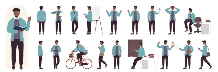 Cartoon man with beard standing, thinking, teaching, professor with stick explaining on lecture in front, side and back view isolated. Young male dark skin teacher poses set vector illustration.