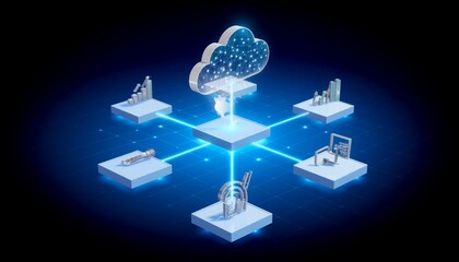 Isometric 3D icons, bar chart, cloud network, data visualization, futuristic digital business style