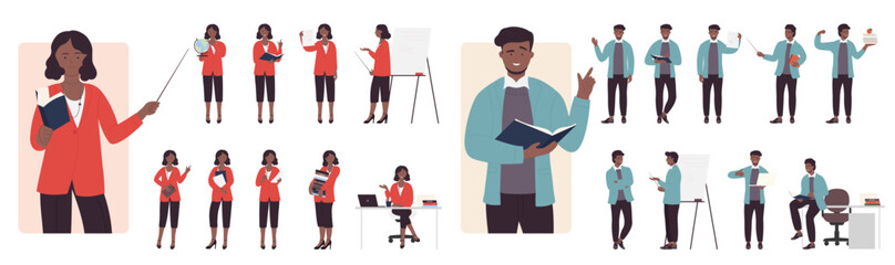 Cartoon isolated male dark skin and female characters standing pointing board with stick, teaching and holding open book and globe on lecture, education process. Teachers poses set vector illustration