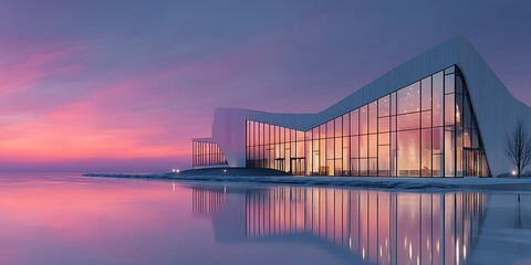 Fototapeta premium Modern futuristic technology hub at sunset with glowing exterior lights, wide left margin for text or campaign graphics, innovation, smart city infrastructure, urban development.