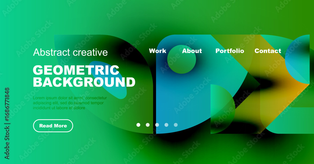 Poster vibrant green website header design. features abstract shapes, text, navigation menu, plus read more