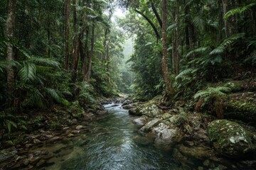 Obraz premium A lush garden landscape with a winding path, vibrant flowers, and towering trees under a clear sky.