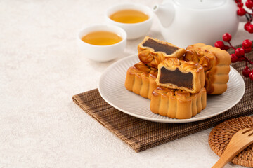 Delicious Cantonese moon cake for Mid-Autumn Festival food mooncake with bean paste.
