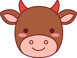 Cute cartoon cow face illustration, smiling animal head icon, adorable farm animal clipart, kawaii cow design, vector drawing, children artwork
