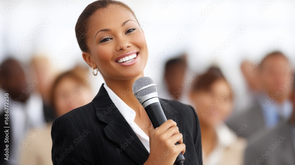 Poster medium focused view of a trainee speaking into a microphone facial expression clear with blurred roo