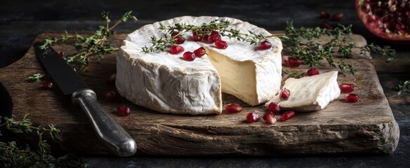 The exquisite brie cheese adorned with fresh thyme and pomegranate seeds.