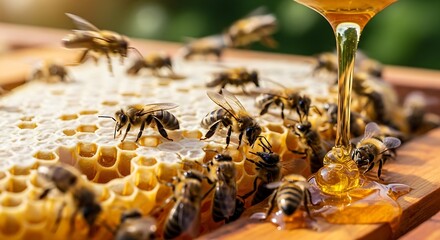 Honeycomb with Bees, Honey Harvest, and Outdoors.