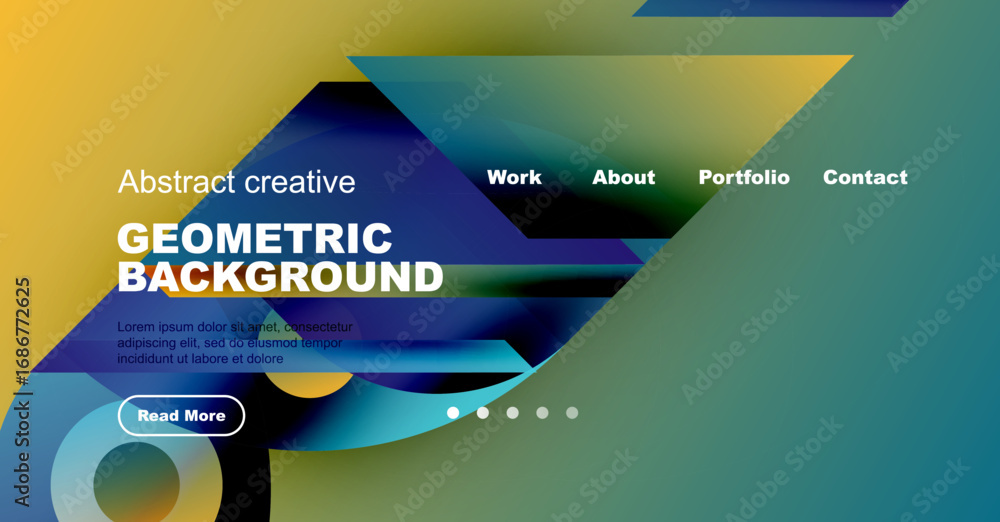 Poster modern website header design. vibrant colors, geometric shapes, text elements present. navigation me