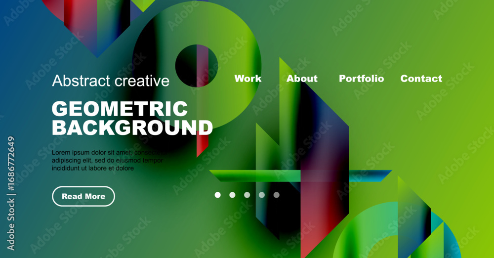 Poster modern website header design. vibrant geometric shapes, text overlays, navigation menu present. gree