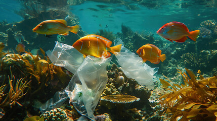 Obraz premium Underwater Coral Reef Scene Showing Plastic Pollution