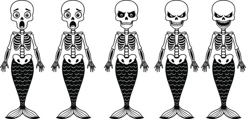Skeleton mermaid illustration, scary fantasy creature, spooky Halloween design, mythical sea monster, horror character drawing, creepy skeleton fish tail art