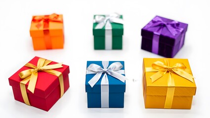 Obraz premium Six colorful gift boxes with ribbons on a white background