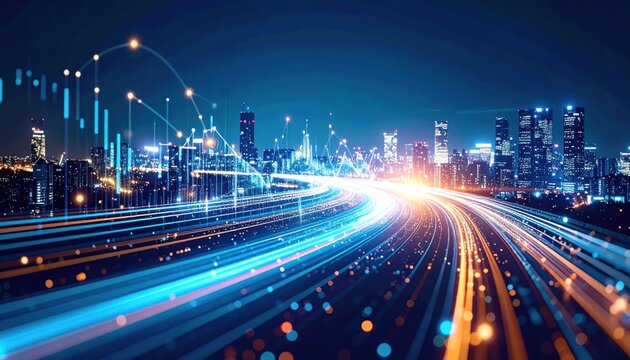 Futuristic city skyline with data streams and glowing traffic trails at night