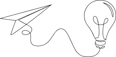 Paper plane flying up connected with light bulb vector one line drawing illustration