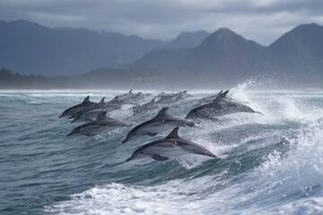 A playful dolphin leaps from the blue ocean waves, its tail and fin visible against the wild marine landscape.