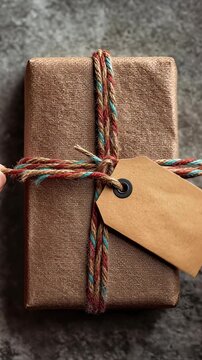 Eco-friendly gift wrapped in brown fabric with colorful twine and blank kraft tag on gray background
